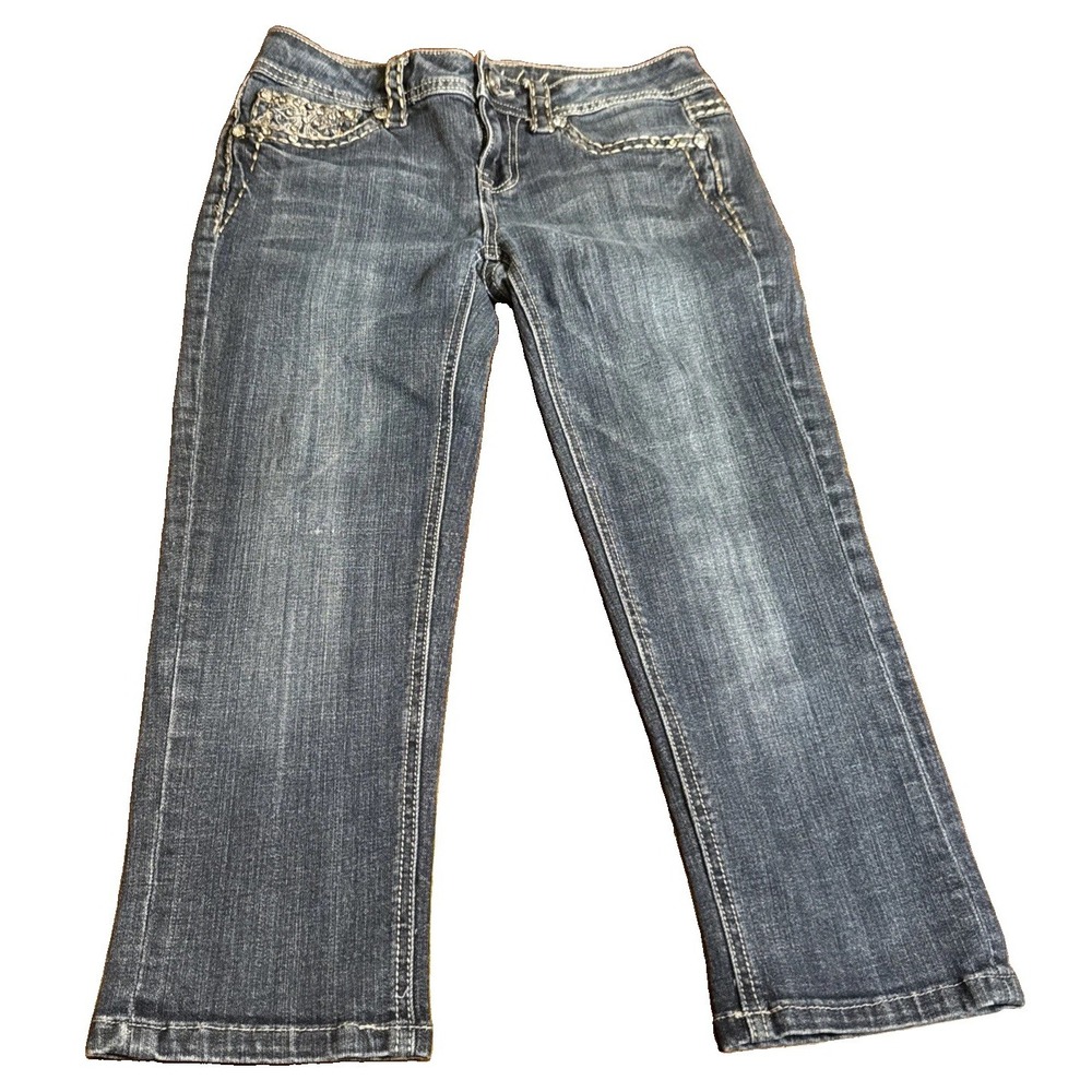 Y2K LA Idol USA Juniors 5 Capri Jeans Rhinestone Embroidered Bling